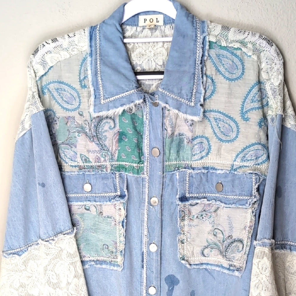 POL Patchwork Denim Jacket Women's Small Shirt Bl… - image 2
